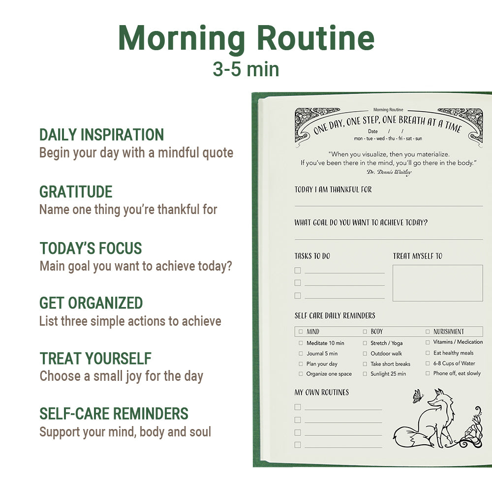 Green journal with mindfulness prompts and exercises to inspire personal growth and self-awareness.