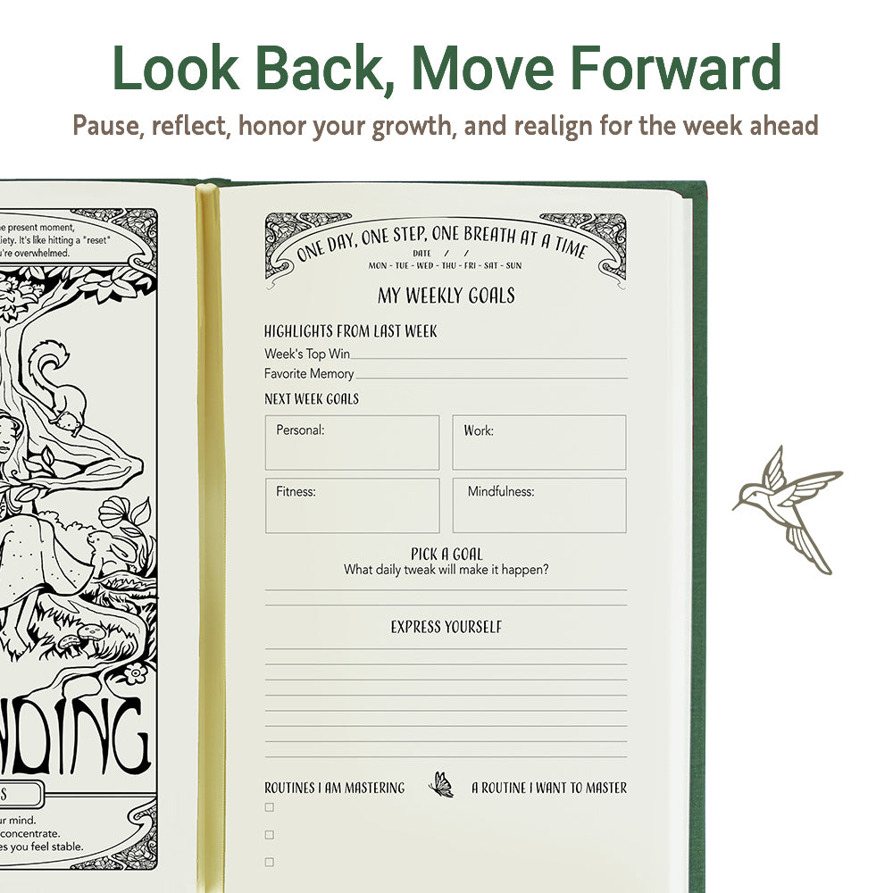 Personal growth journal with a green cover featuring goal-setting, gratitude, and reflection pages.