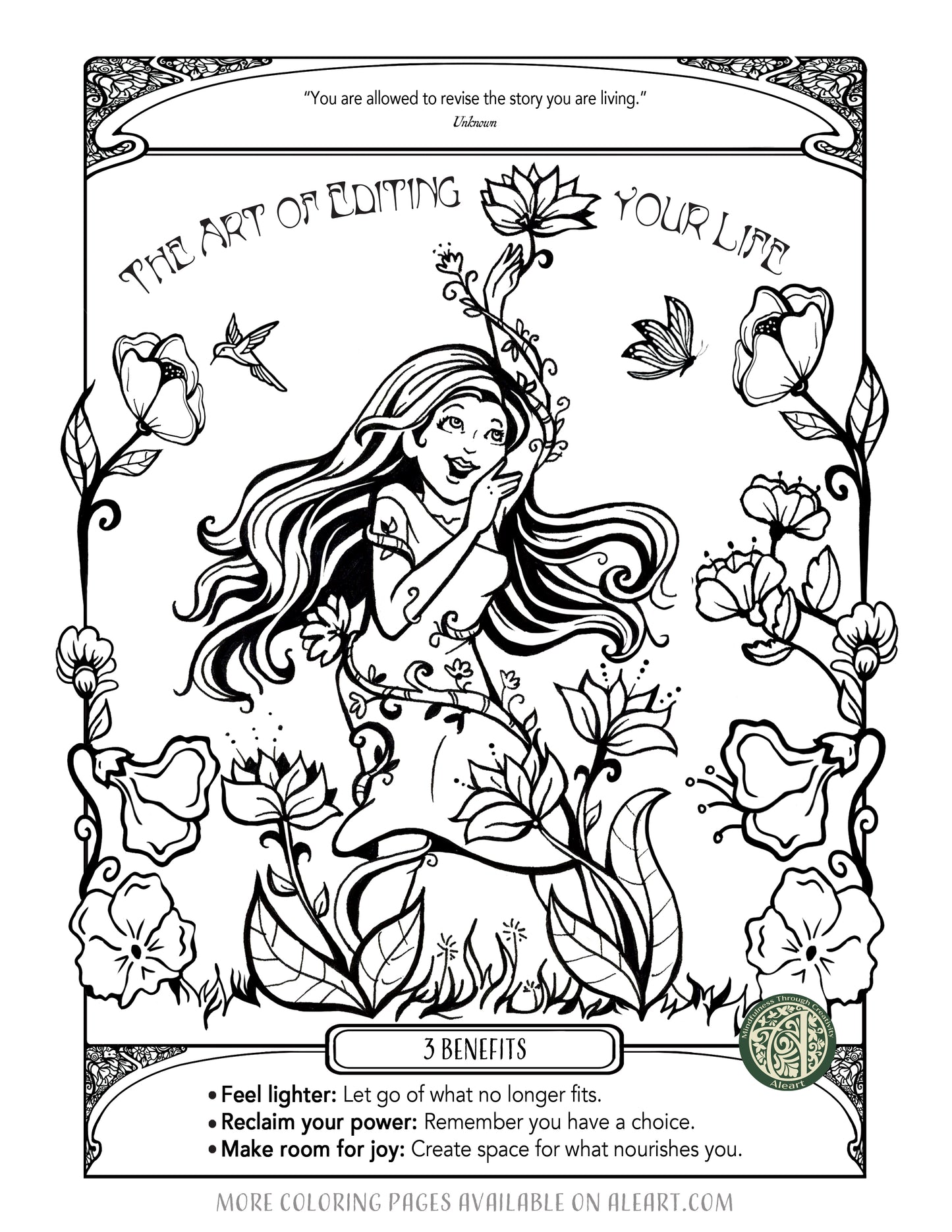 Free coloring back download Black and white illustration of a woman surrounded by flowers and butterflies with motivational text.