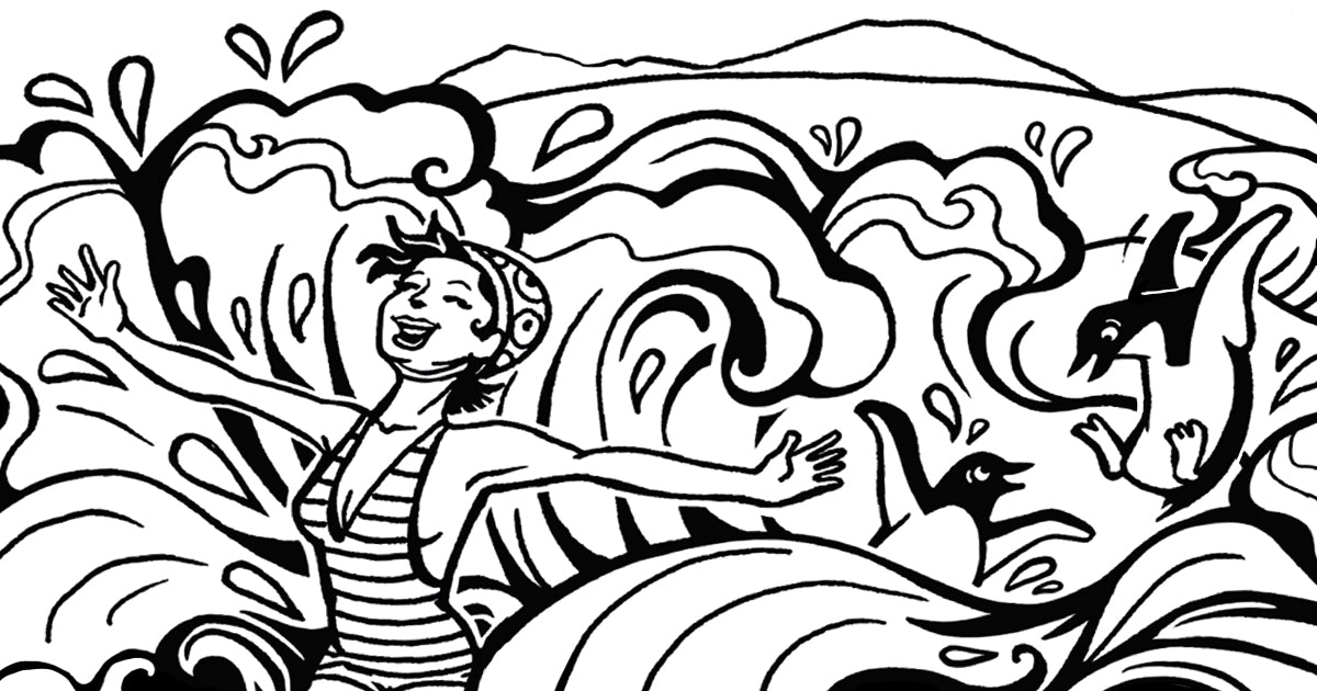 Hand-drawn blog banner on cold-water calm — a mindful reset through breath, brisk water, and stillness.