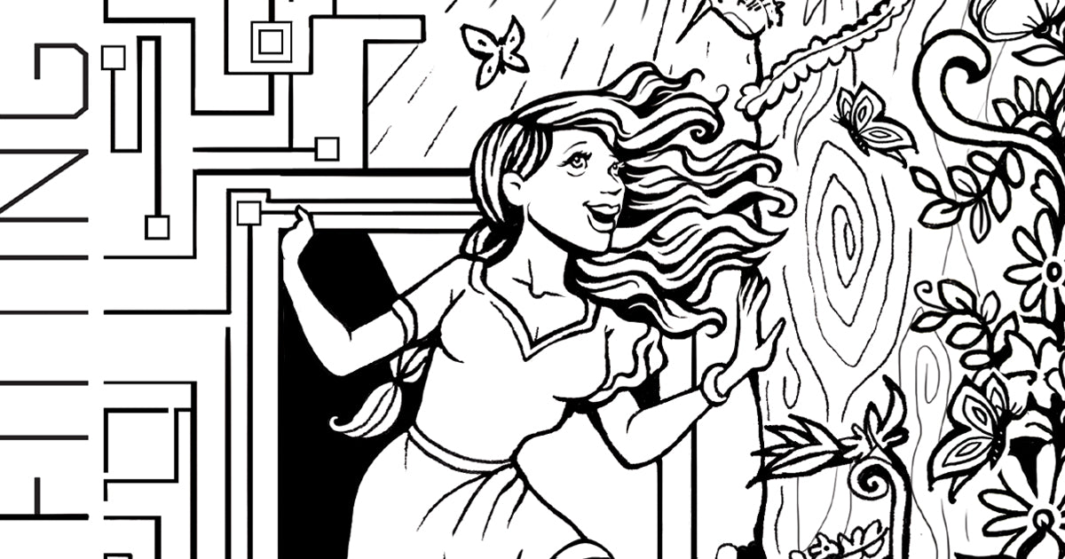 Ale Artigas illustration: a smiling woman with flowing hair steps out of a rigid maze toward flowers and butterflies