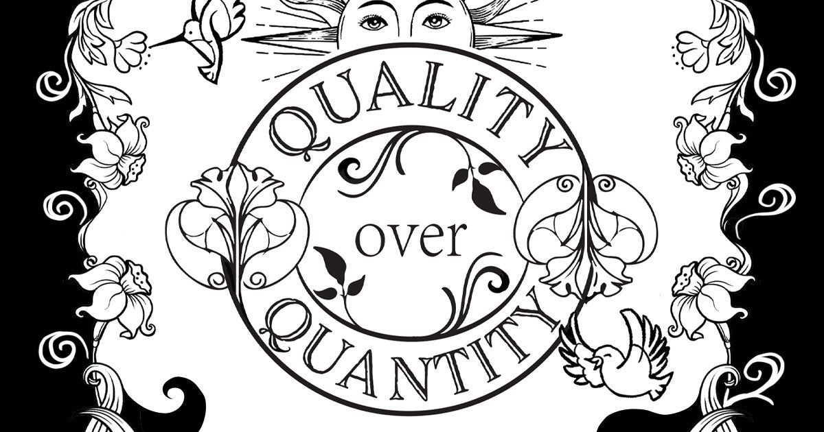 Illustrated blog banner on choosing quality over quantity — a mindful path to balance and calmer well-being.