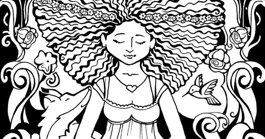 Hand drawn illustration of a women with animals and plants