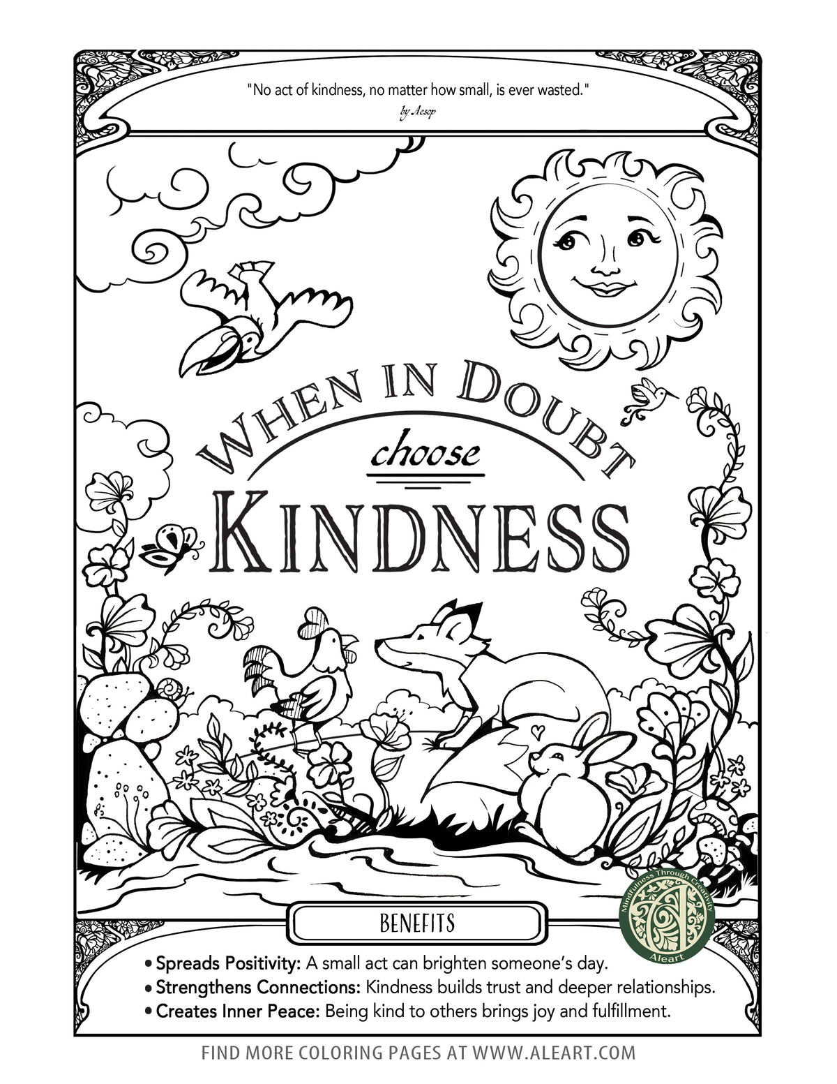 'Choose Kindness' hand-drawn adult coloring page — a quiet moment to reflect on the power of small, kind acts.
