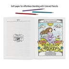 Color Your Mind open to a reflection journal page and hand-drawn coloring page colored with pencils