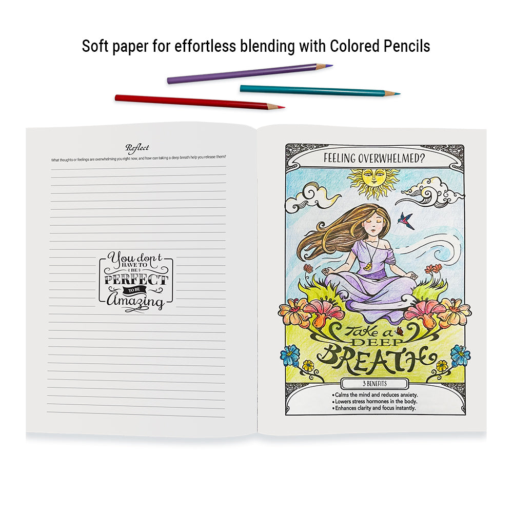 Color Your Mind open to a lined Reflect journaling page beside a Take a Deep Breath coloring page colored with pencils.