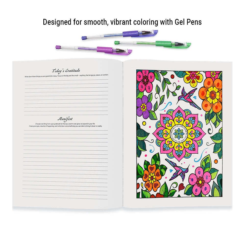 Color Your Mind open to a Today's Gratitude and manifestation journaling page beside a mandala colored with gel pens.