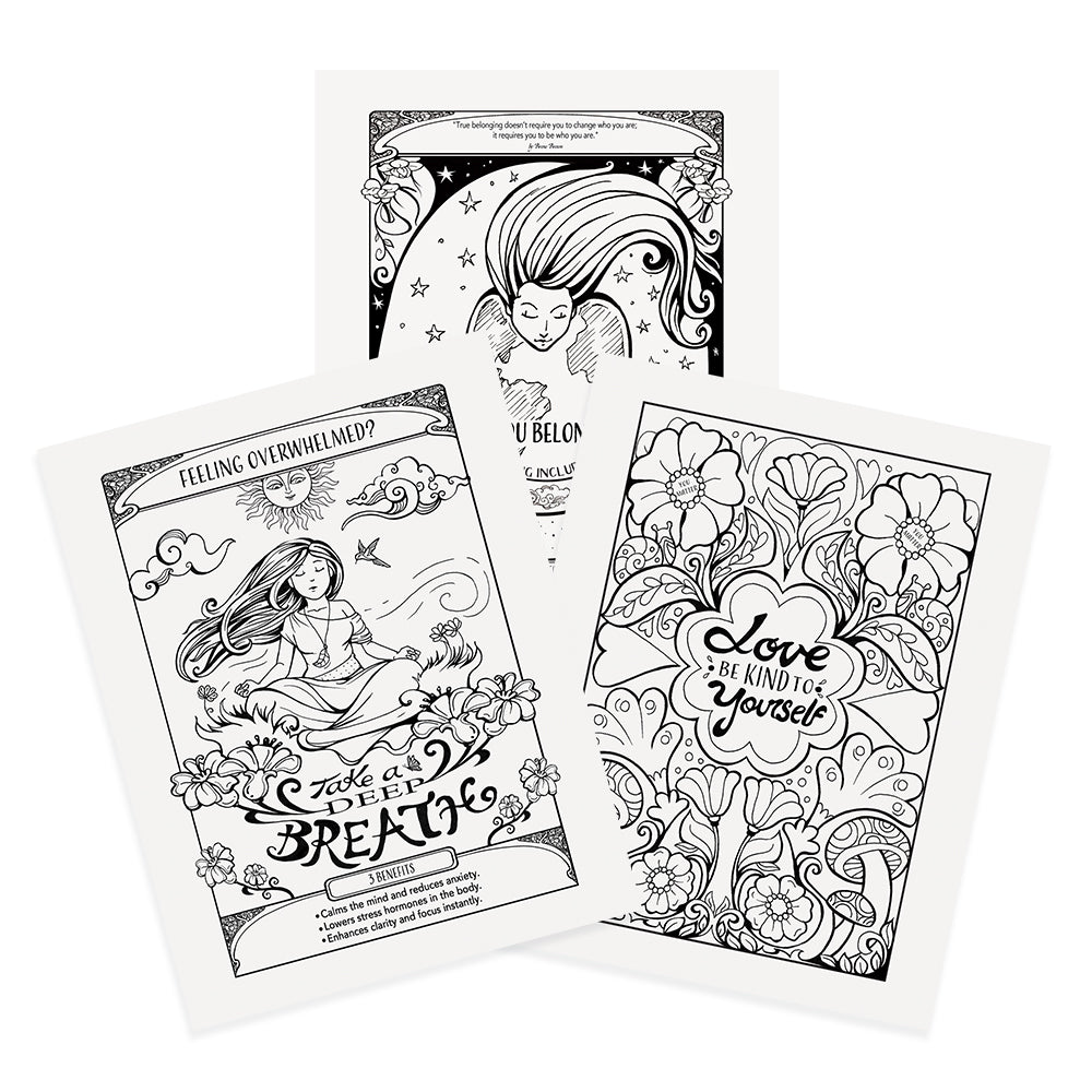 Hand-drawn mindfulness coloring pages from Color Your Mind with self-care and reflection themes