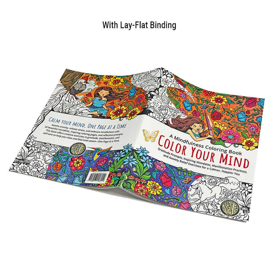 Color Your Mind mindfulness coloring book shown open with lay-flat binding