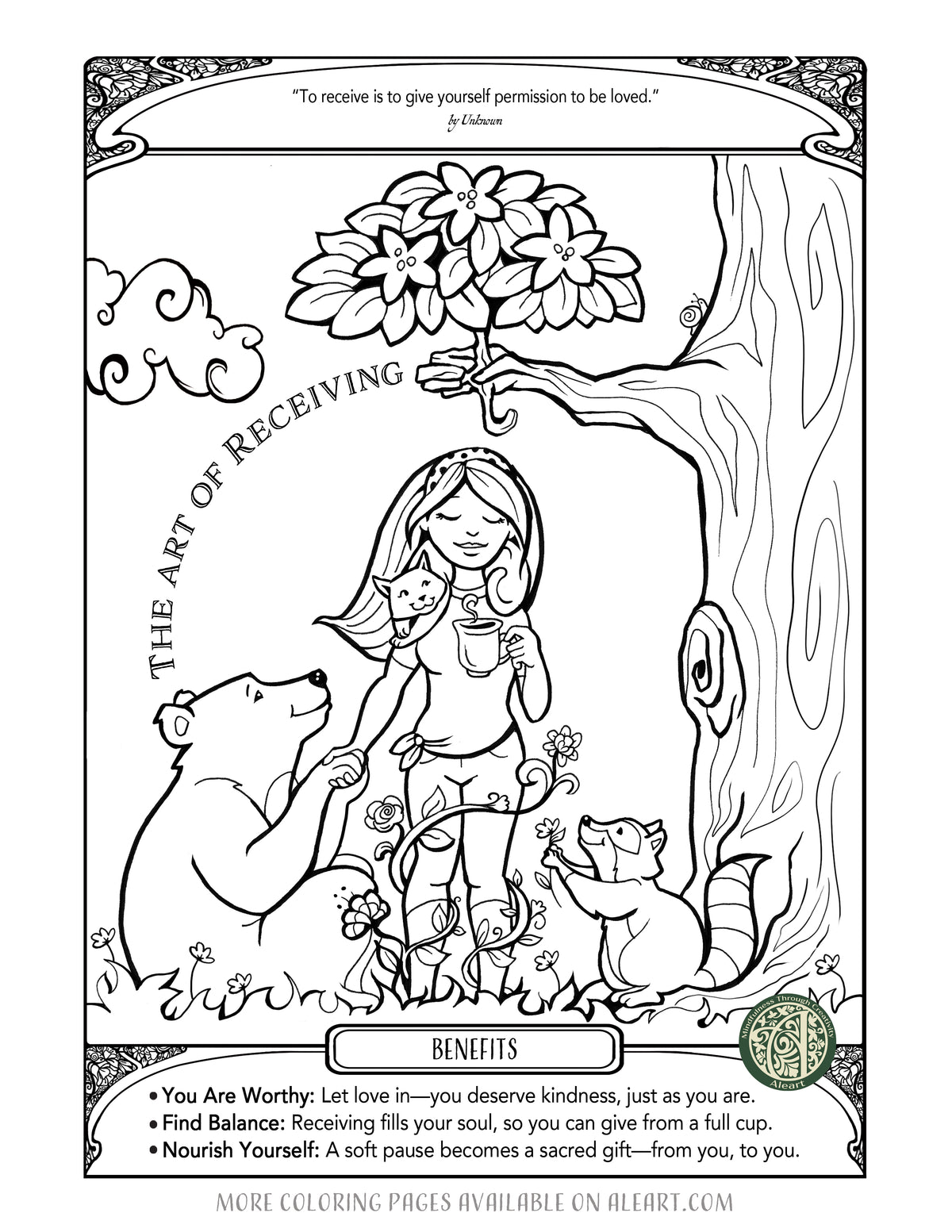 'The Art of Receiving' free adult coloring page — a gentle practice for accepting kindness, help, and rest.