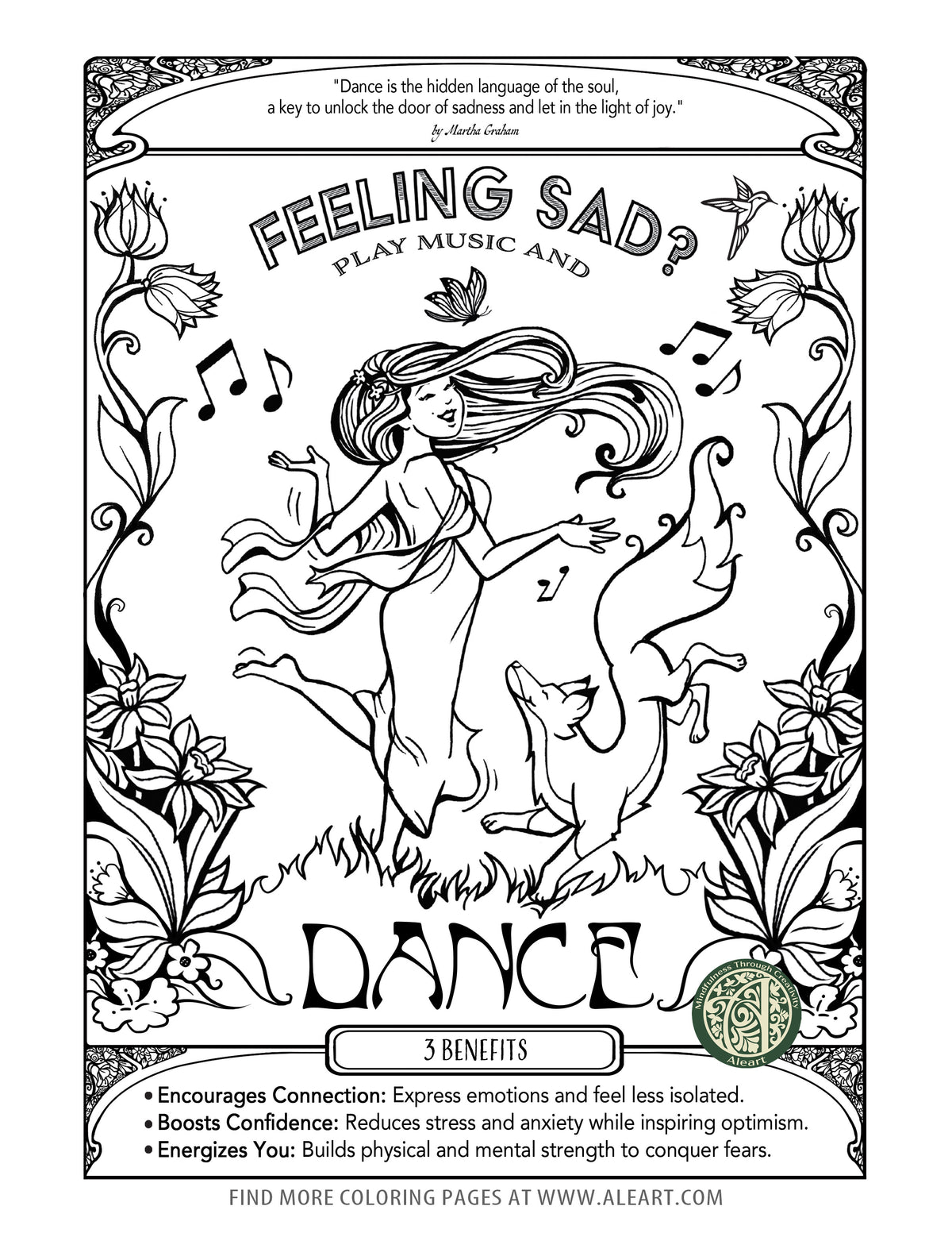 'Dancing Your Way to Joy' hand-drawn coloring page — a mindful invitation to move, breathe, and reconnect.
