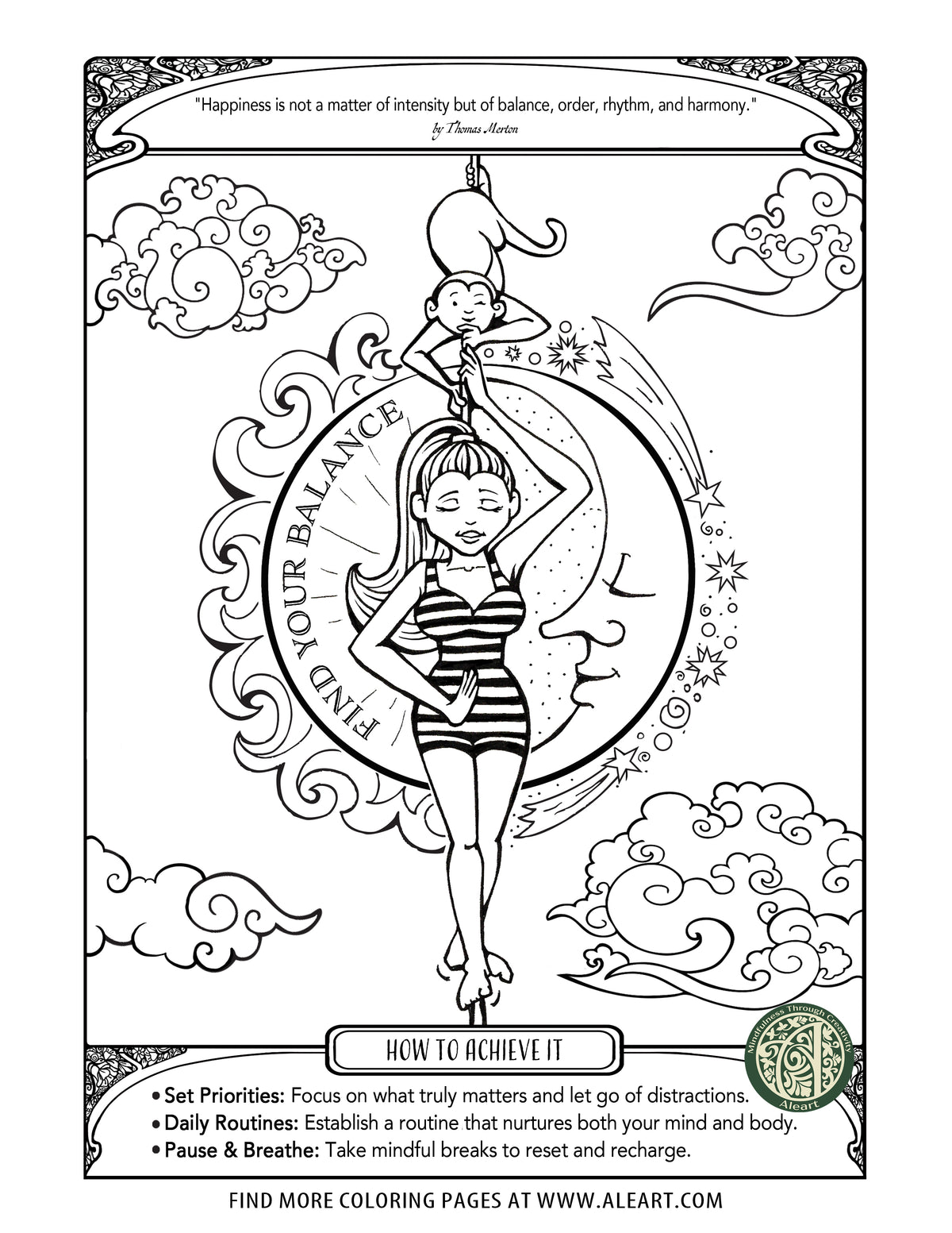 'Finding Your Balance' hand-drawn adult coloring page — a mindful practice for restoring calm and centering.