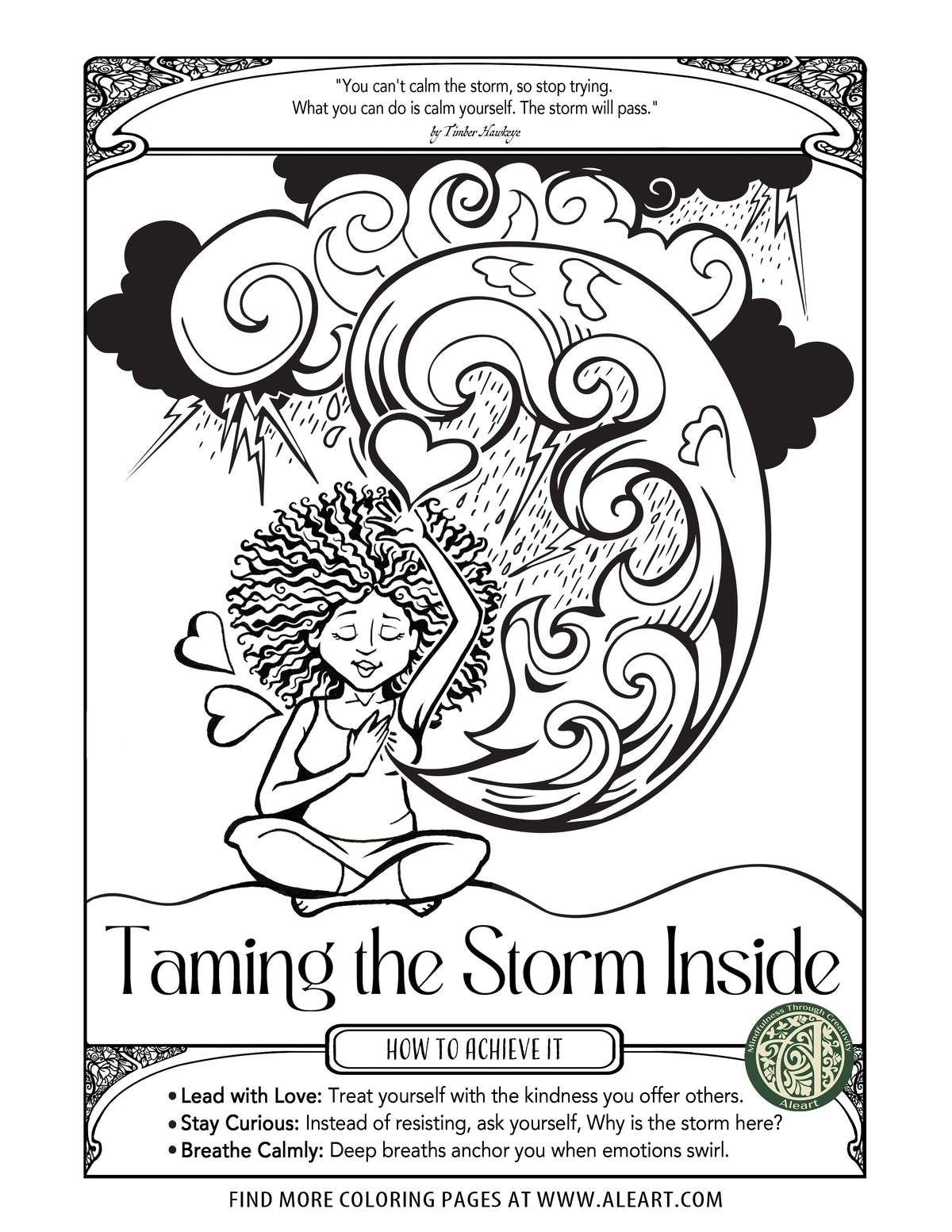 'Taming the Storm' hand-drawn coloring page for adults — a mindful anchor for anxious, overwhelming moments.