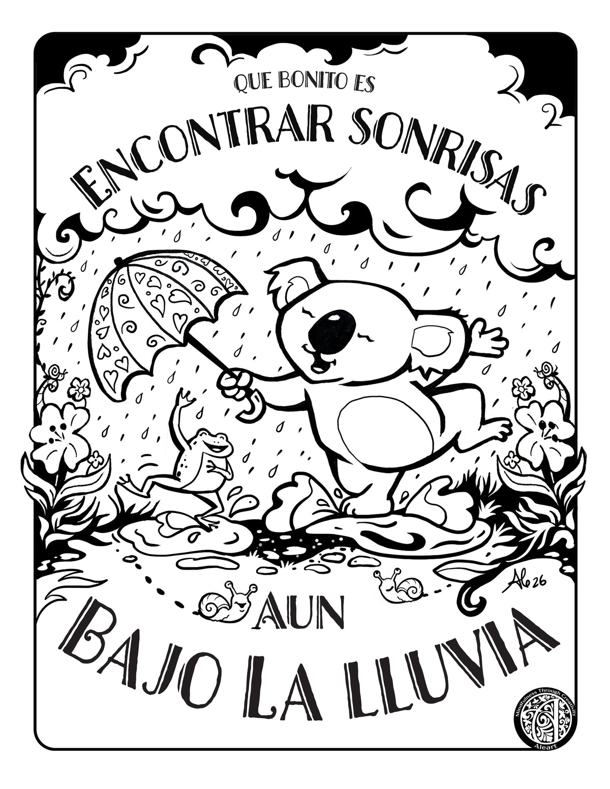 'Encontrar sonrisas aun bajo la lluvia' — página de colorear gratuita para adultos, ilustrada por Ale Artigas.