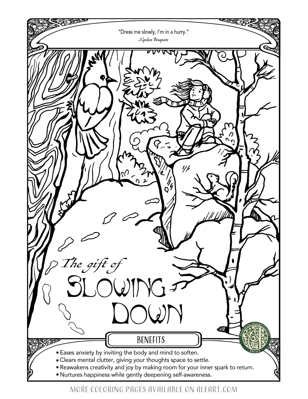 'The Gift of Slowing Down' hand-drawn adult coloring page — a mindful pause for stress relief and stillness.