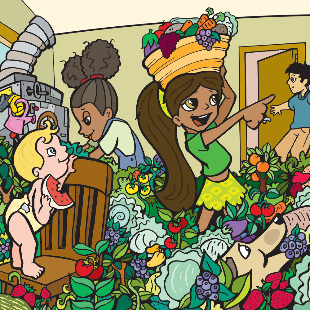 Interior illustration from 'Super Baby Abigail's Lunch Time Adventure' — hand-drawn children's book art by Ale Artigas.