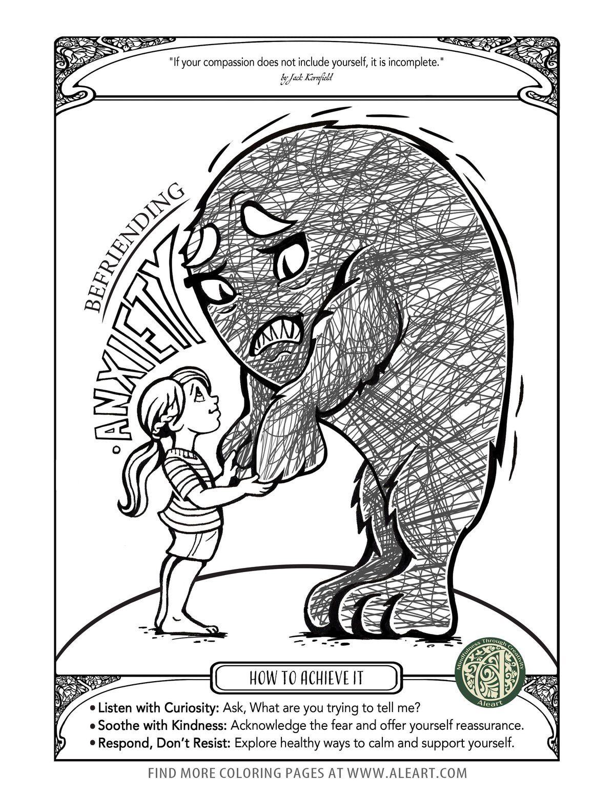 'Befriending Anxiety' hand-drawn coloring page for adults — a gentle mindfulness practice for anxious moments.