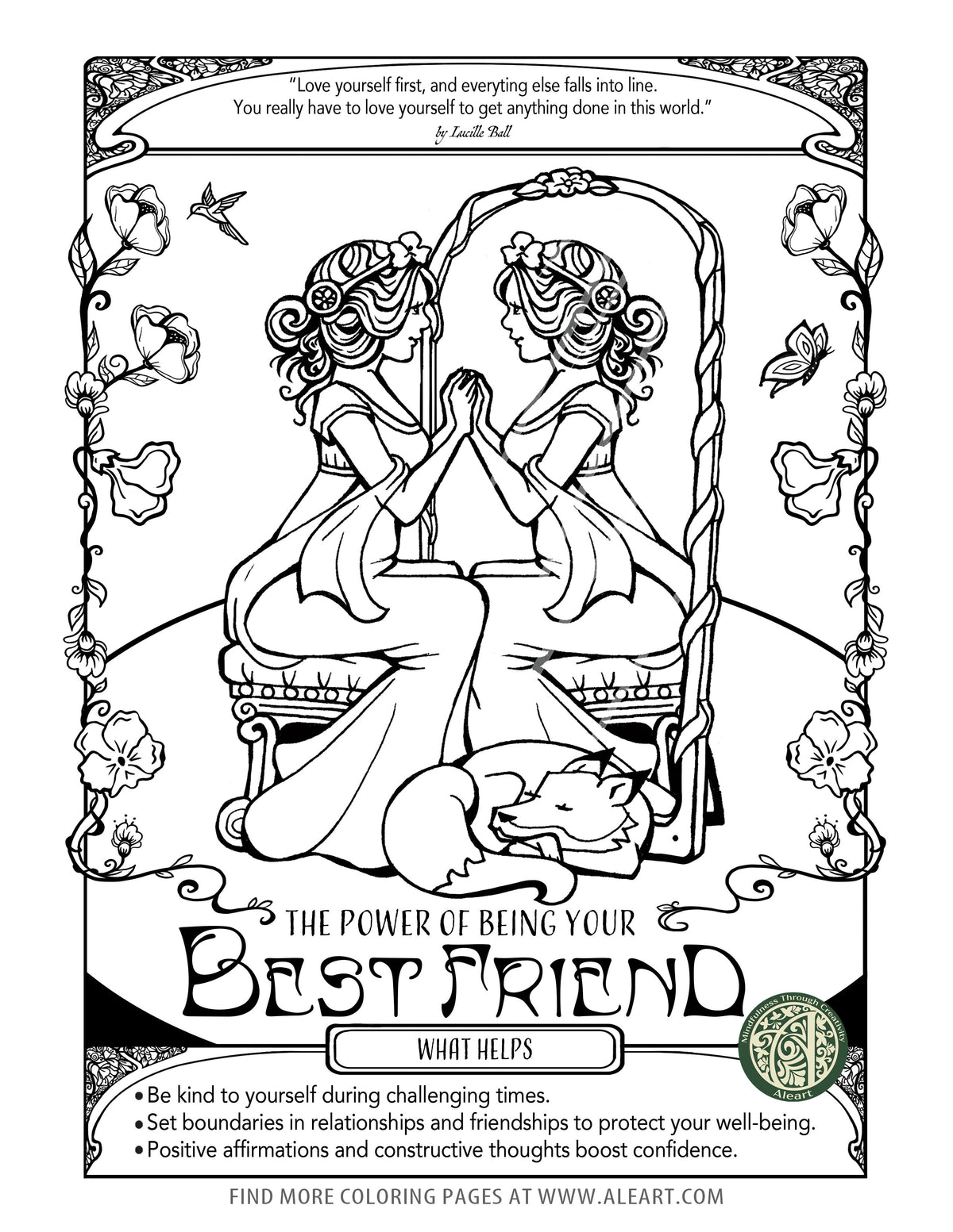 Hand-drawn 'Best Friend' free printable coloring page for adults — a mindful reminder to practice self-compassion and inner friendship.