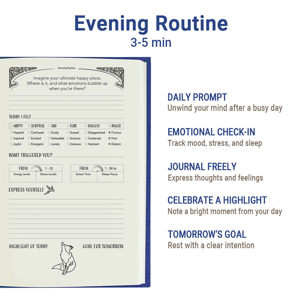 Blue self-care journal with prompts for mindfulness, gratitude, and personal growth.