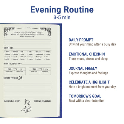 Blue self-care journal with prompts for mindfulness, gratitude, and personal growth.