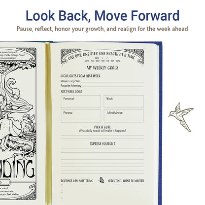 Blue habit tracker journal to build self-care routines and achieve personal goals.
