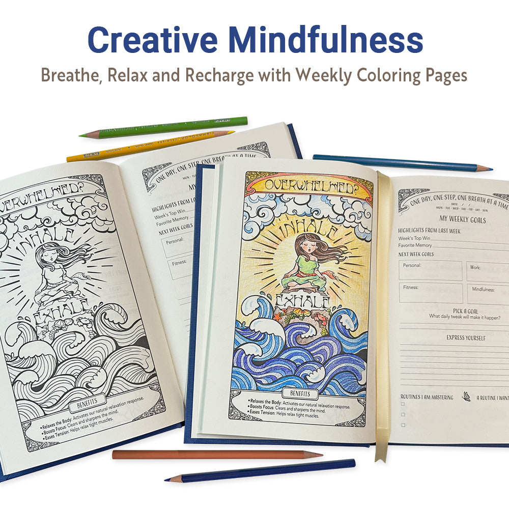 Blue 90-day anxiety relief journal with calming quotes, gratitude exercises, and coloring pages.