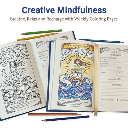 Blue 90-day anxiety relief journal with calming quotes, gratitude exercises, and coloring pages.