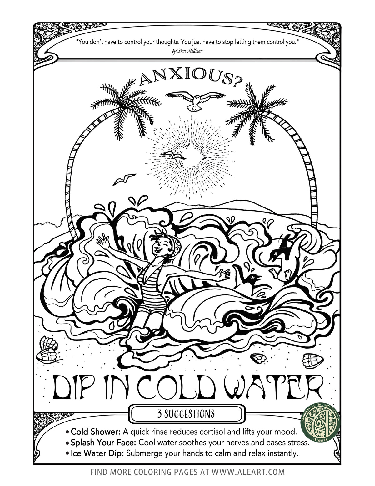 'Cold Water for a Quiet Mind' adult coloring page — hand-drawn art inspired by cold-water calm and reset.