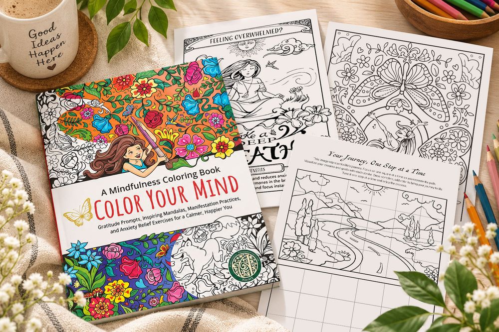 The Color Your Mind mindfulness coloring book with hand-drawn interior pages, colored pencils and a mug.