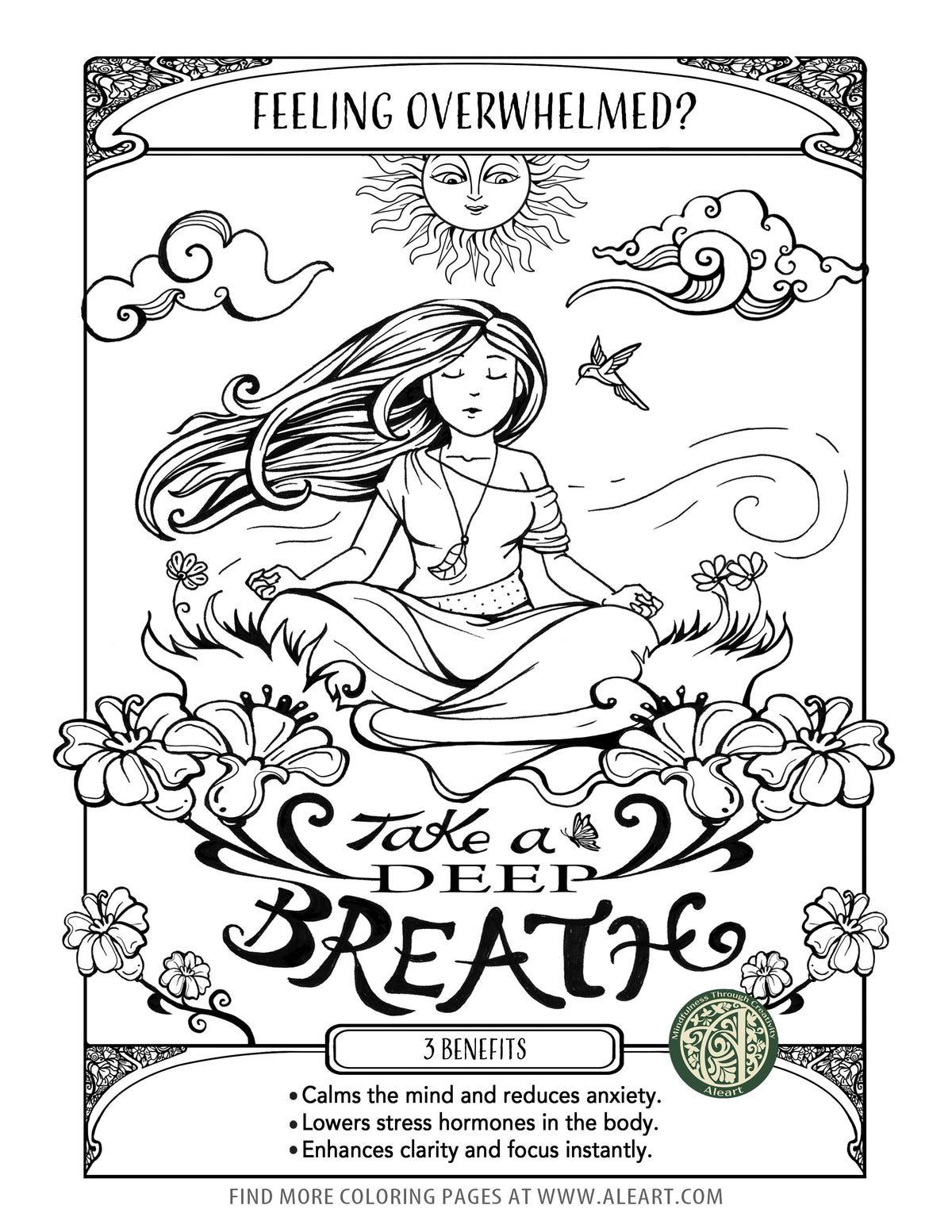 Hand-drawn mindfulness coloring page for adults — a quiet 10-minute practice to slow down and reset the day.
