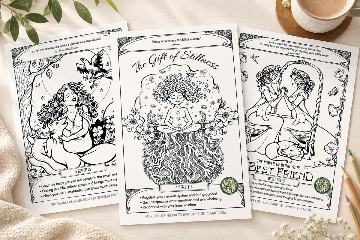 Three free printable Aleart coloring pages, including The Gift of Stillness and Best Friend, laid out beside a cup of tea.