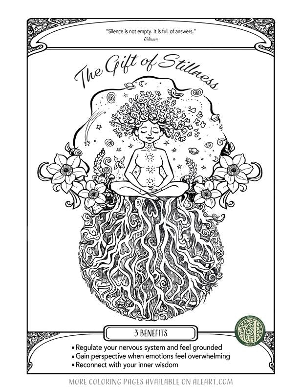 'The Gift of Stillness' hand-drawn adult coloring page — a mindful practice for grounding an anxious nervous system.