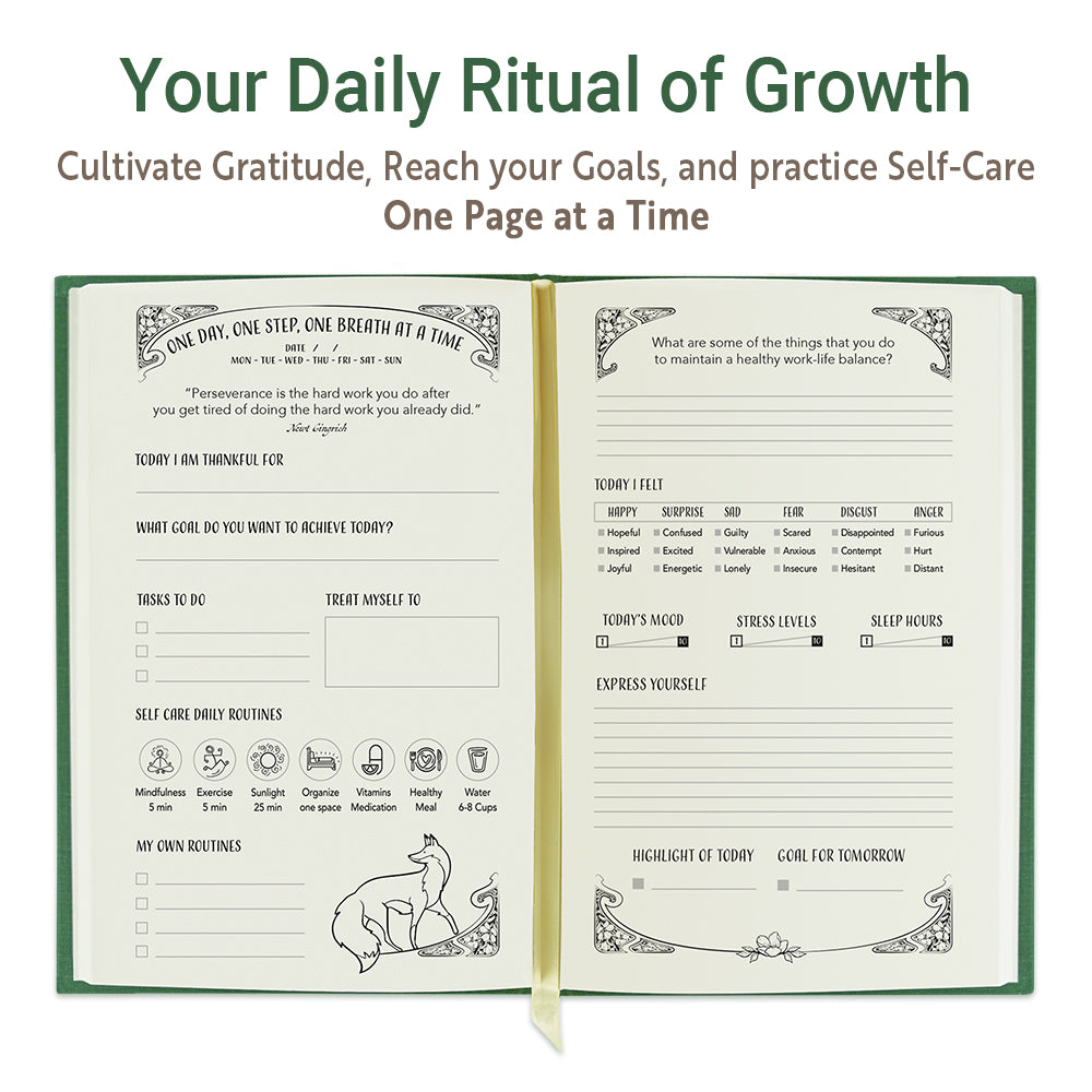 Growth Daily Journal open to daily gratitude, goal setting, self-care and reflection prompts