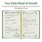 Growth Daily Journal open to daily gratitude, goal setting, self-care and reflection prompts