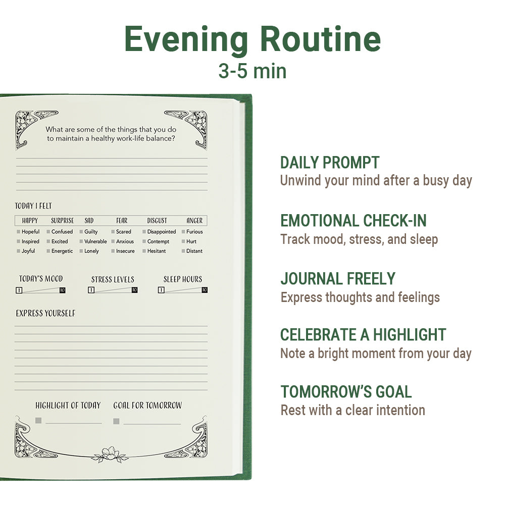 Growth Daily Journal evening page with reflection, mood and sleep check-in, daily highlight and tomorrow’s goal