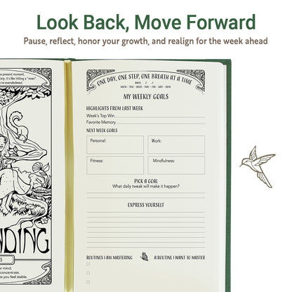 Personal growth journal with a green cover featuring goal-setting, gratitude, and reflection pages.
