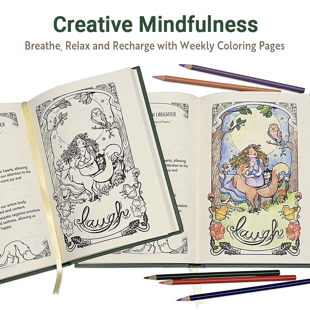 Growth Daily Journal with weekly hand-drawn mindfulness coloring pages, shown uncolored and colored with pencils.