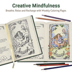 Growth Daily Journal with weekly hand-drawn mindfulness coloring pages, shown uncolored and colored with pencils.