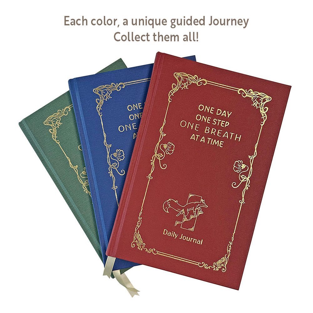 Three One Day, One Step, One Breath at a Time guided journals: Growth in green, Clarity in blue, and Strength in red.