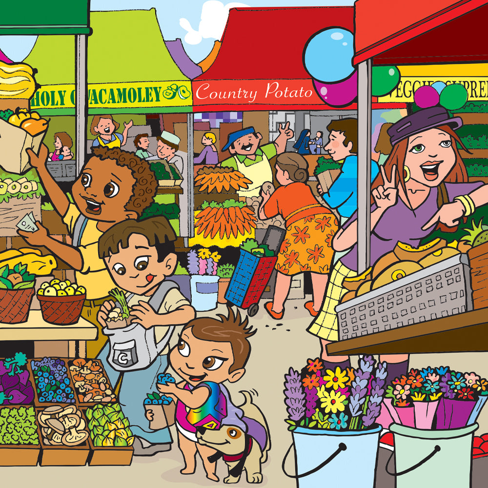 Interior illustration from 'Havoc at the Hillside Market with the Super Crew' — hand-drawn children's book art by Ale Artigas.