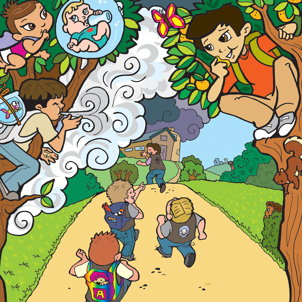 Interior illustration from 'Havoc at the Hillside Market with the Super Crew' — hand-drawn children's book art by Ale Artigas.