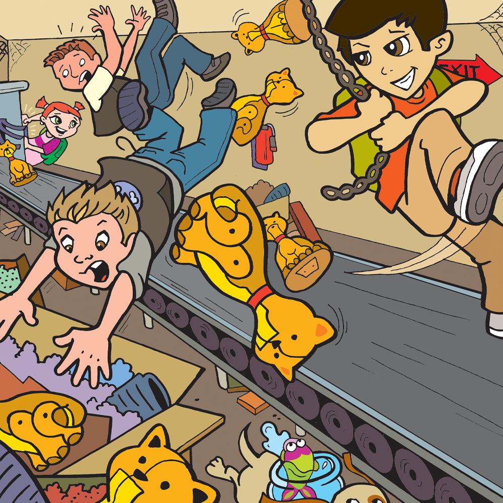 Interior illustration from 'Havoc at the Hillside Market with the Super Crew' — hand-drawn children's book art by Ale Artigas.
