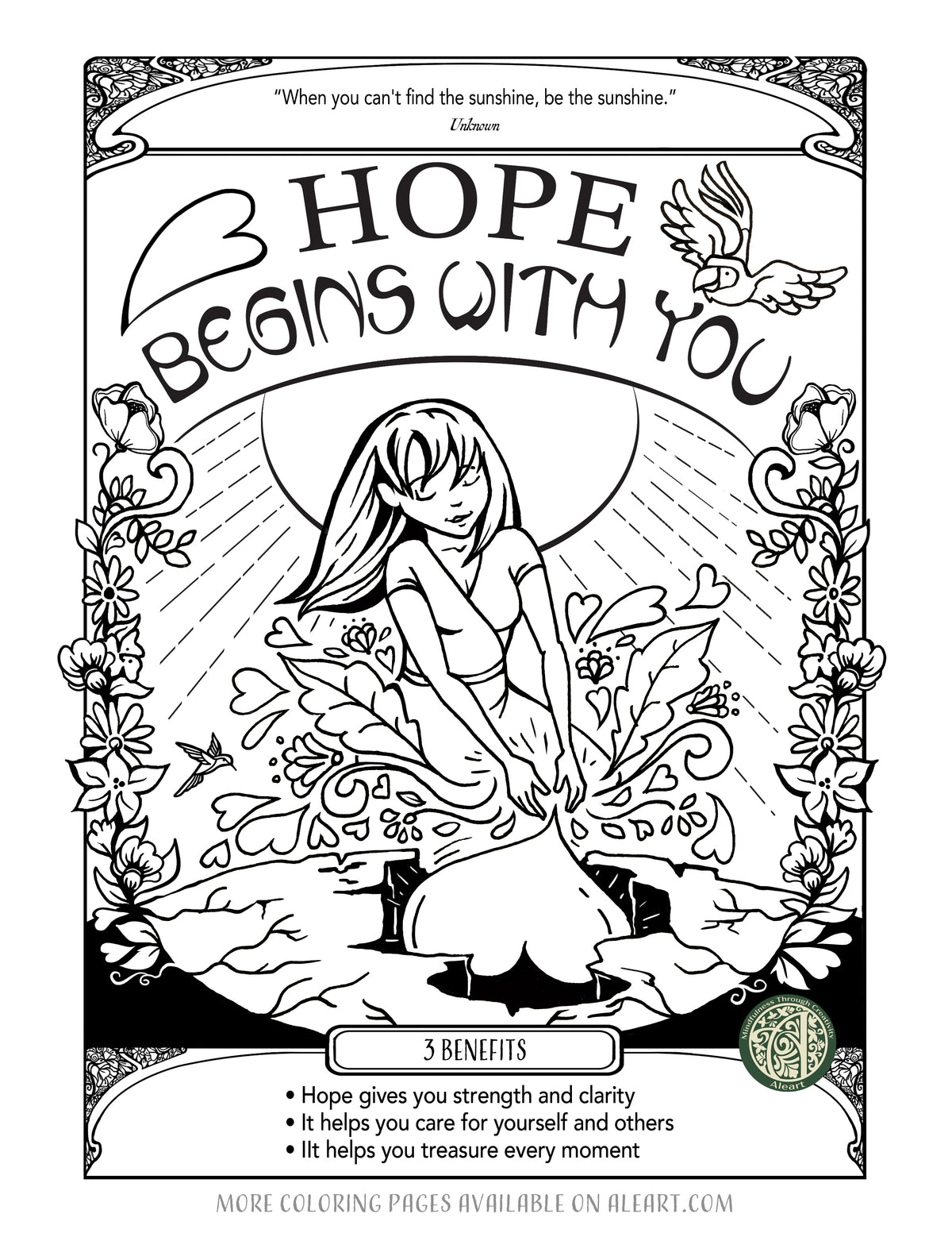 'Hope Begins With You' hand-drawn adult coloring page — a gentle invitation to notice hope in ordinary moments.