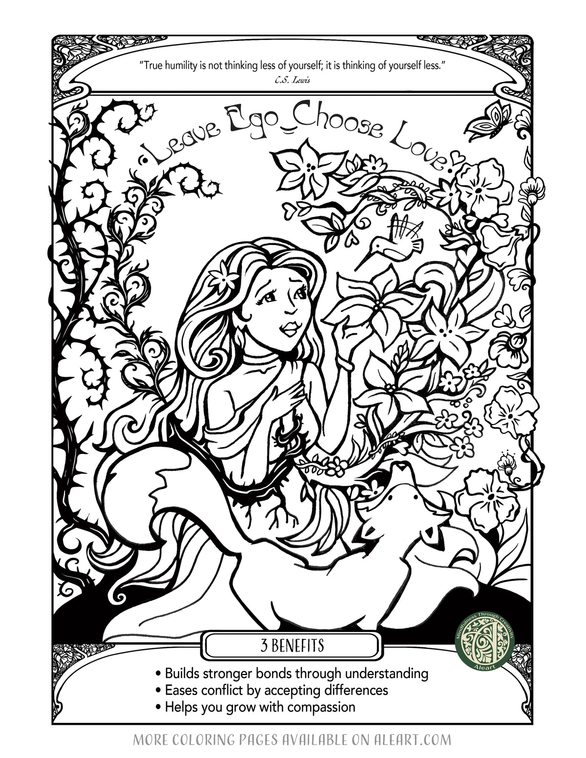 'Leave Ego, Choose Love' hand-drawn adult coloring page — a mindful reminder that connection matters more than control.