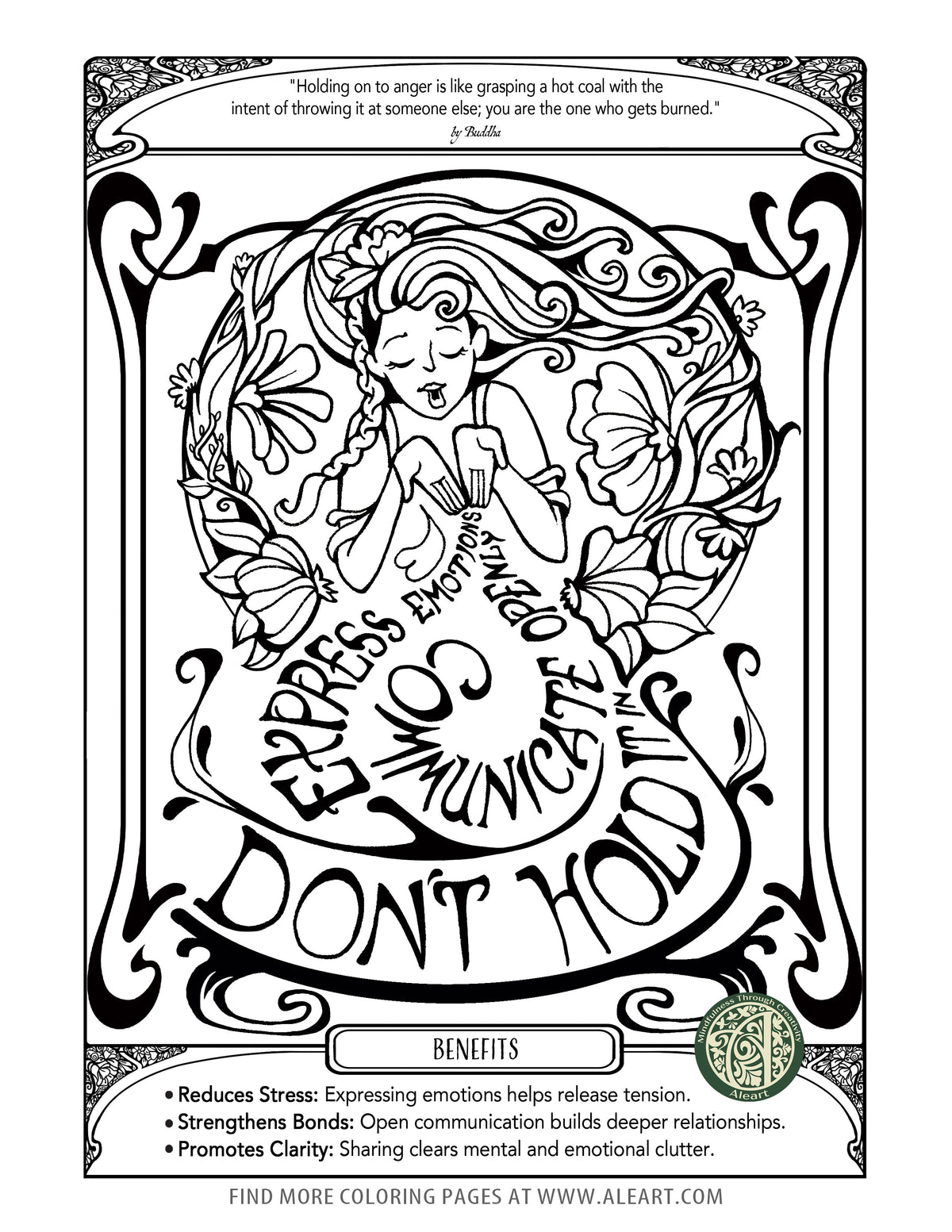 'Express Your Emotions' hand-drawn coloring page for adults — a calming way to release bottled feelings and reduce stress.