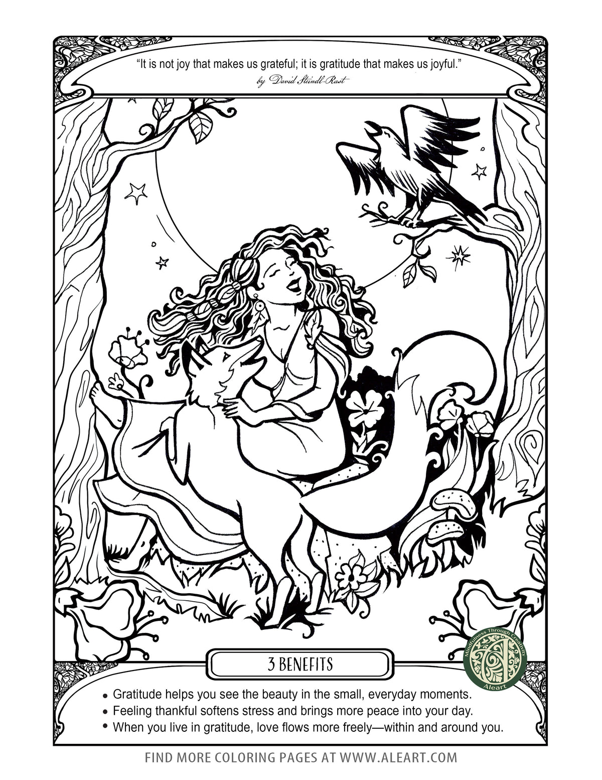 'The Quiet Power of Gratitude' adult coloring page — a hand-drawn practice for noticing the good already here.