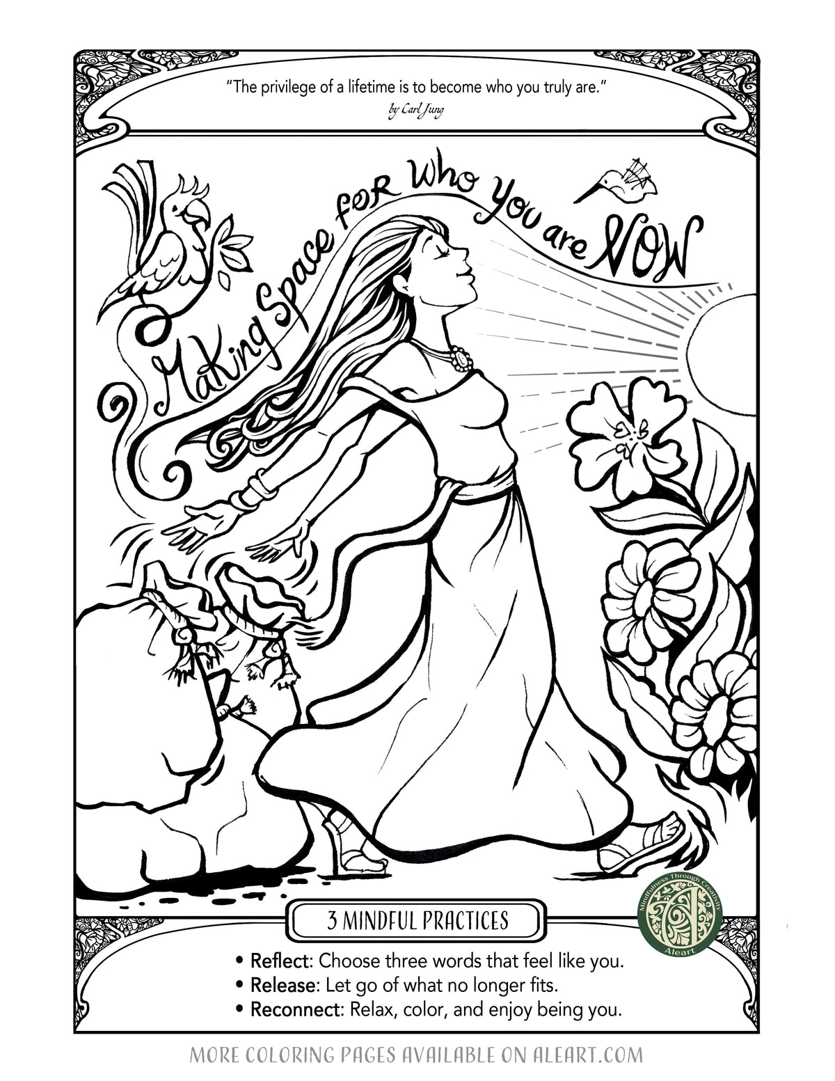Making Space for Who You Are Now free printable coloring page for adults by Ale Artigas: a woman walks toward the sun, leaving old bundles behind