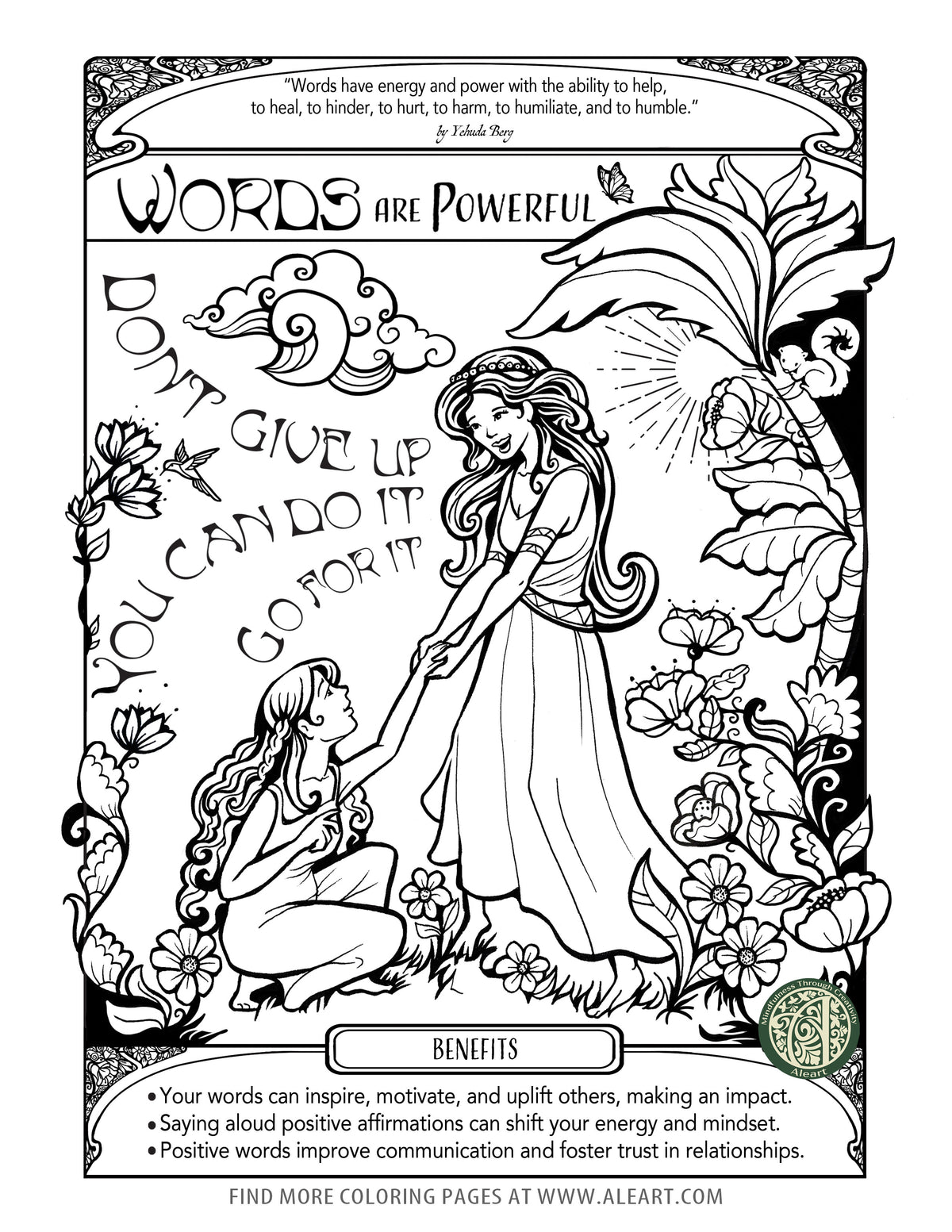 'The Power of Words' hand-drawn adult coloring page — a mindful reminder that kind self-talk brings calm.