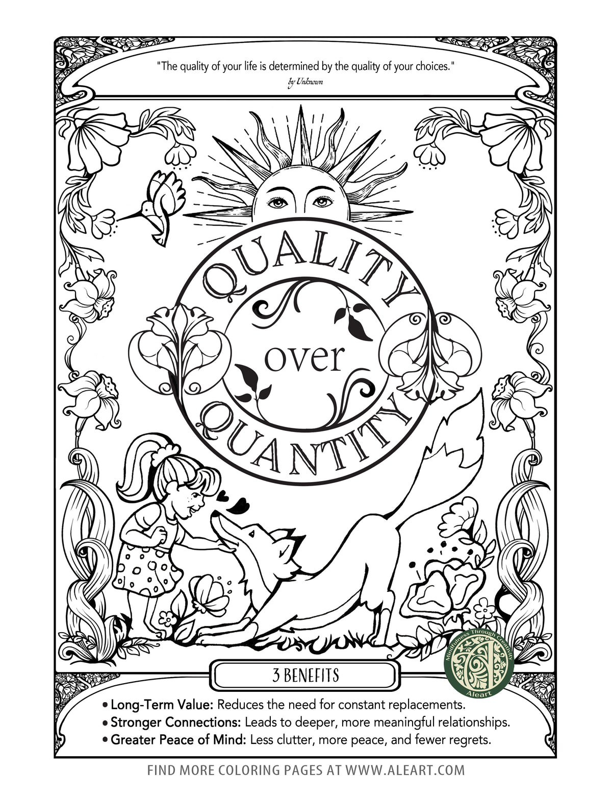 'Quality Over Quantity' free adult coloring page — a calm reminder to slow down and focus on what matters.