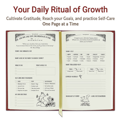Empowering red journal with prompts to build emotional strength and clarity.